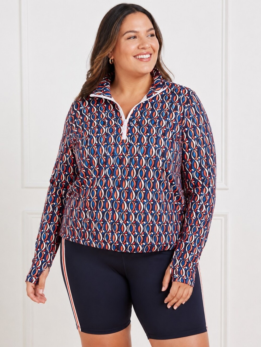 Talbots Performance Interlock Half-Zip Pullover Pinwheel Geo Thumb Holes 3X Pink